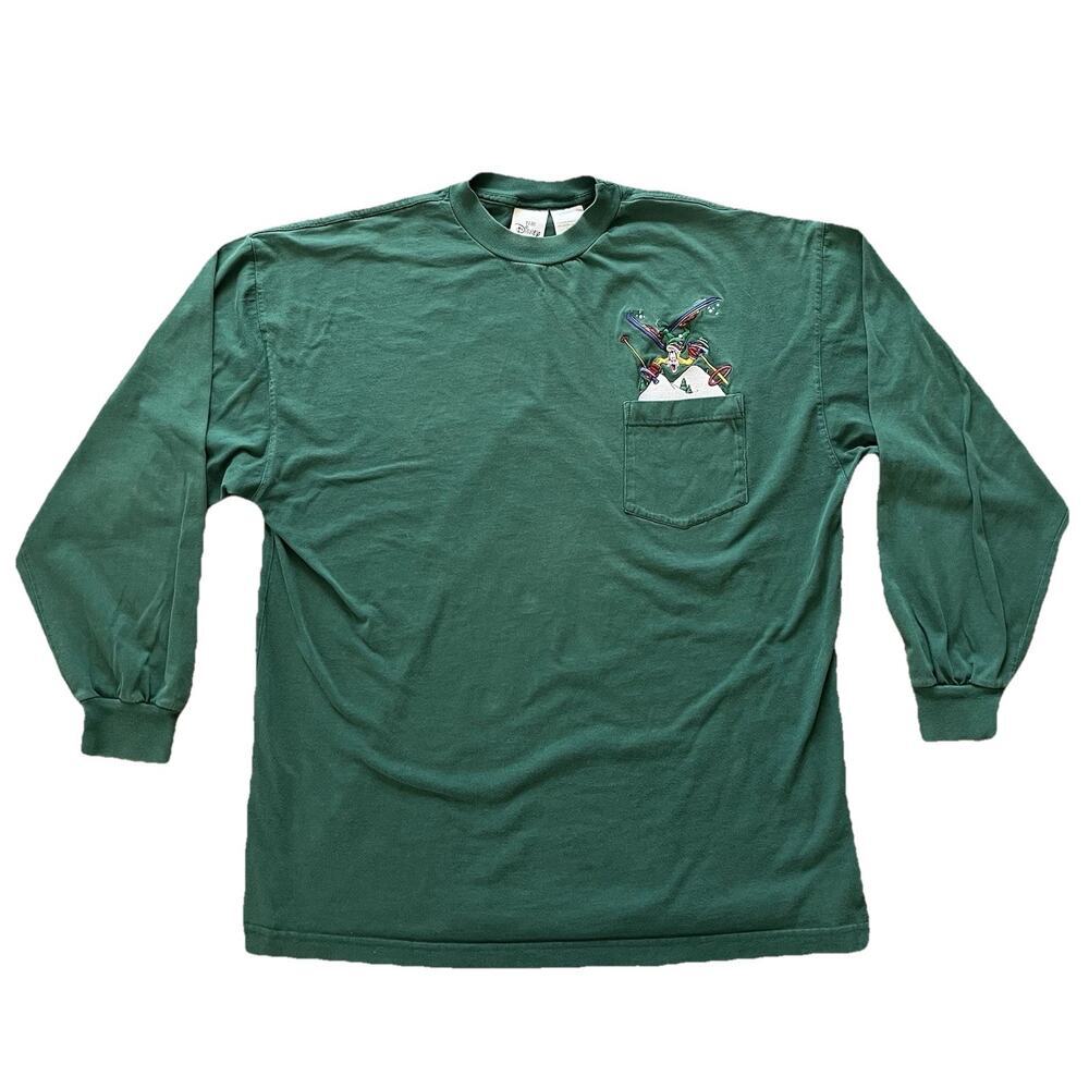 VTG The Disney Store Shirt Mens XL Long Sleeve Pocket Tee Goofy Skiing Green